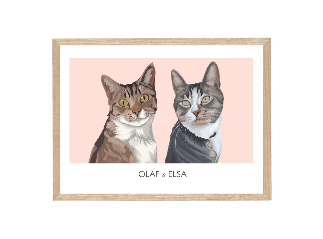 Huisdier portret roze met houte lijst en twee katten